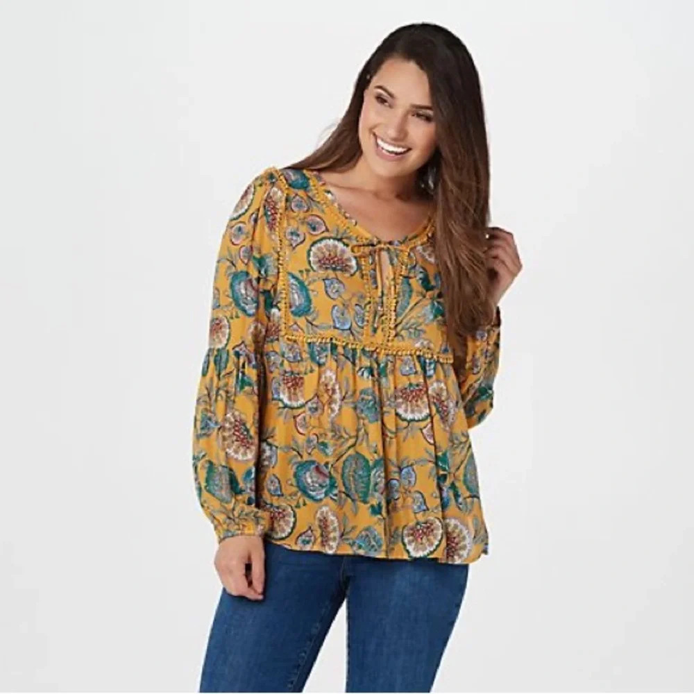 Haute Hippie Tribe Womens Large Avery Yellow Floral Paisley Boho Peasant Blouse